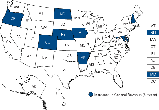 Figure 2: States with Increases in General Revenue (Taxes and Charges from State Sources) between the 2005-2006 and 2009-2010 Fiscal Years